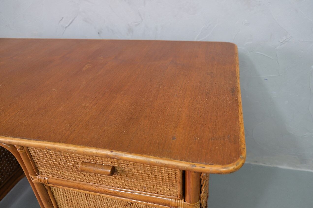 Mid-century italian bamboo, rattan and teak desk, 1960s