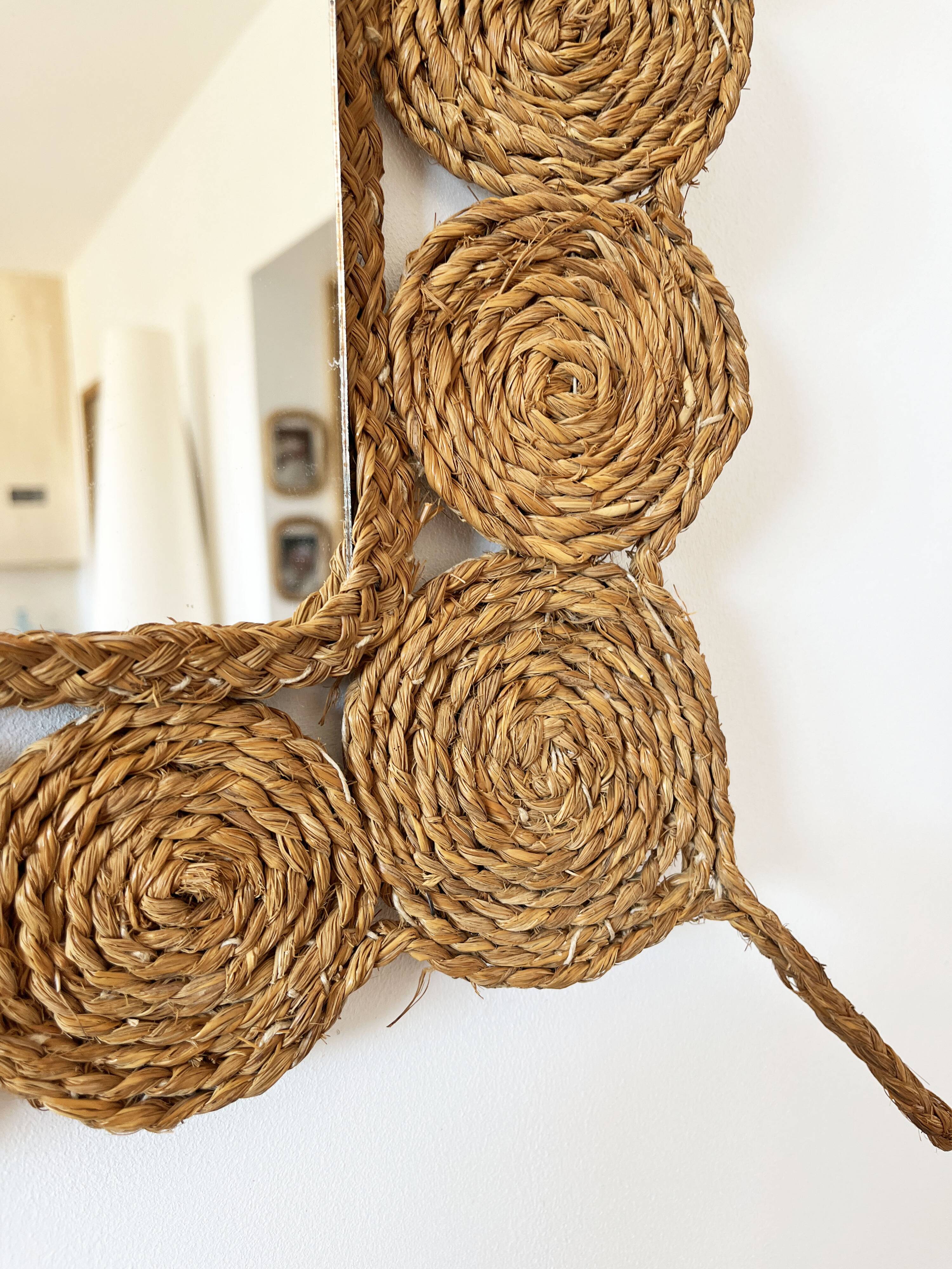 Vintage 1960s braided raffia mirror