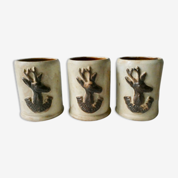 Set of 3 sandstone mugs, reindeer décor, 70s, Christmas