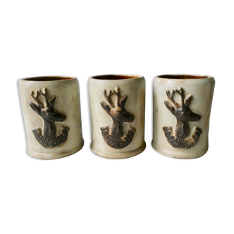 Set of 3 sandstone mugs, reindeer décor, 70s, Christmas