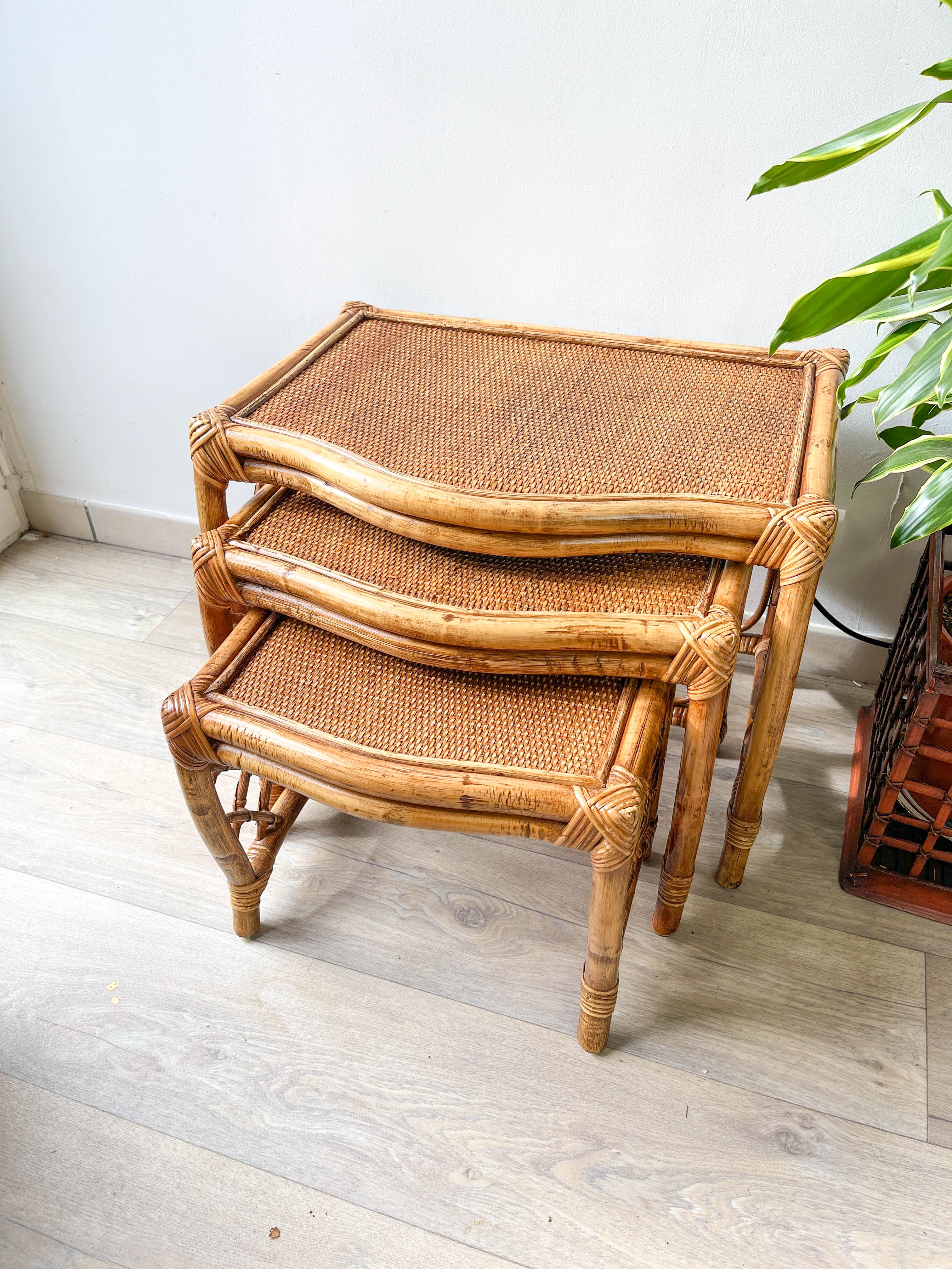 Vintage trundle tables in bamboo and rattan