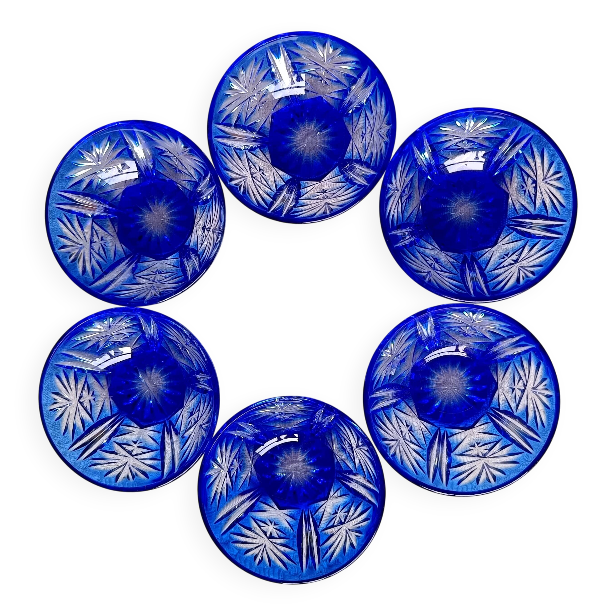 6 small cut glass bowls, vintage cobalt blue salt shaker