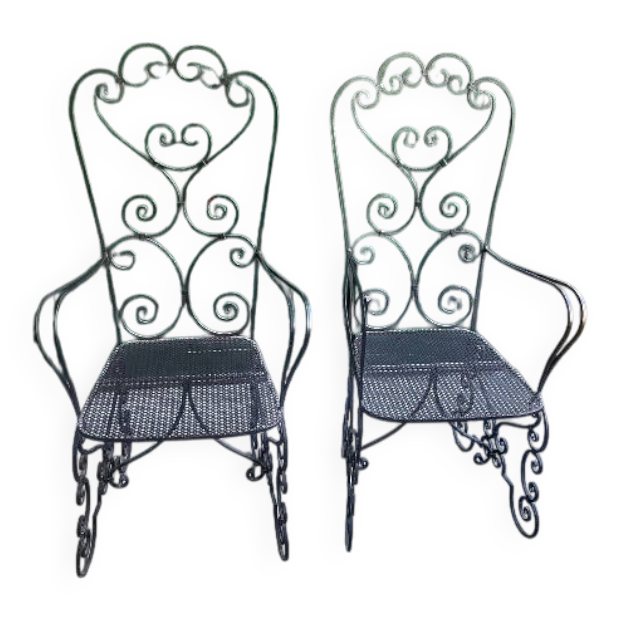 Pair of black wrought iron armchairs