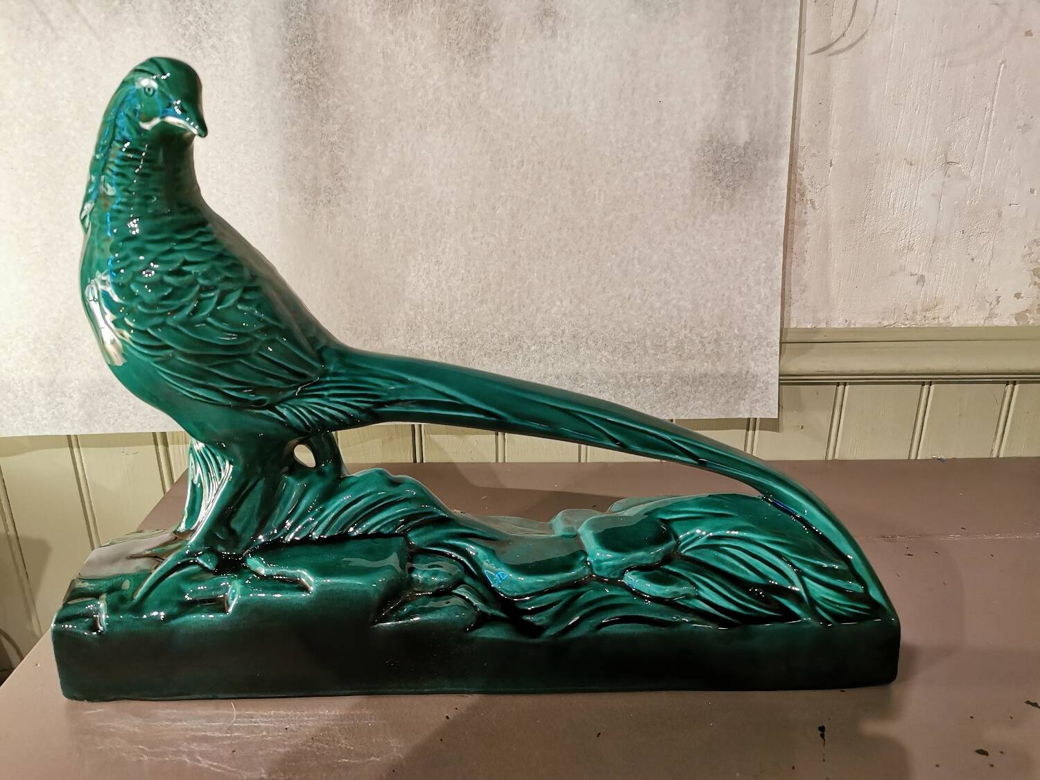 Art Deco Pheasant in Green Ceramic