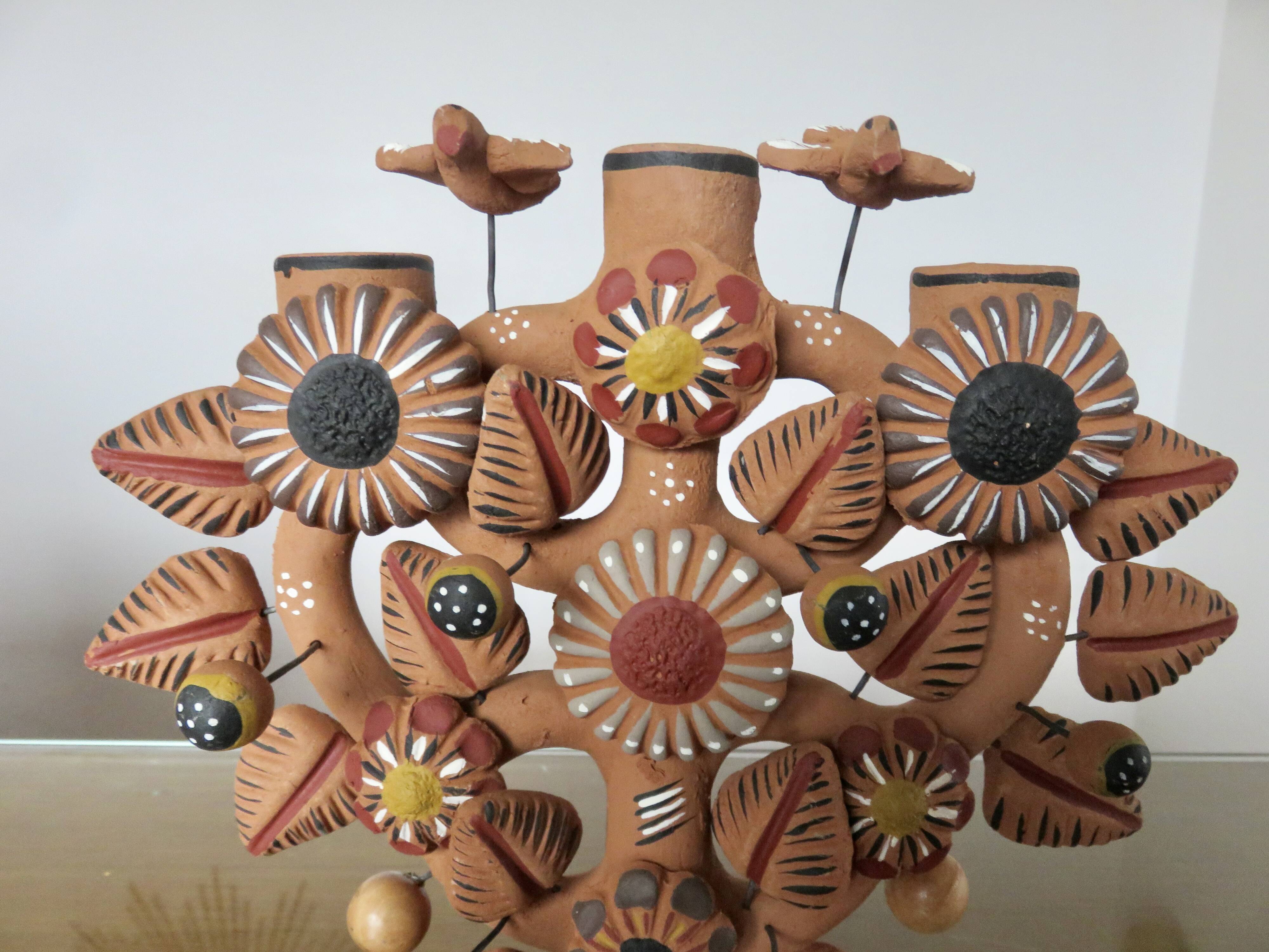 Chandelier, Mexican candlestick "tree of life" terracotta, 1970