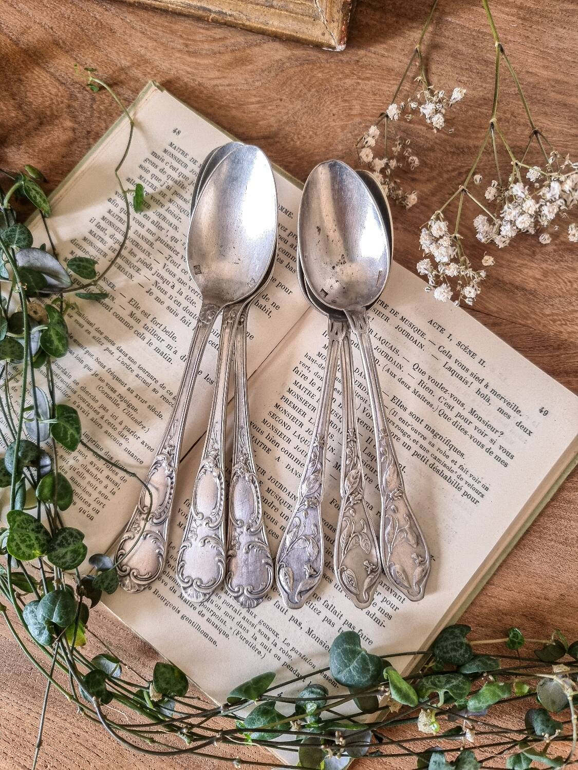 6 small spoons, silver metal 5gr, mix of 2 models, art nouveau style