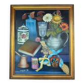 Vintage still life with flowers and objects – Canvas painting signed Maine