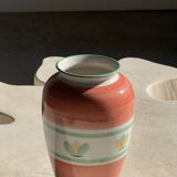 Large vintage pink vase with yellow and green stylized flower patterns H25