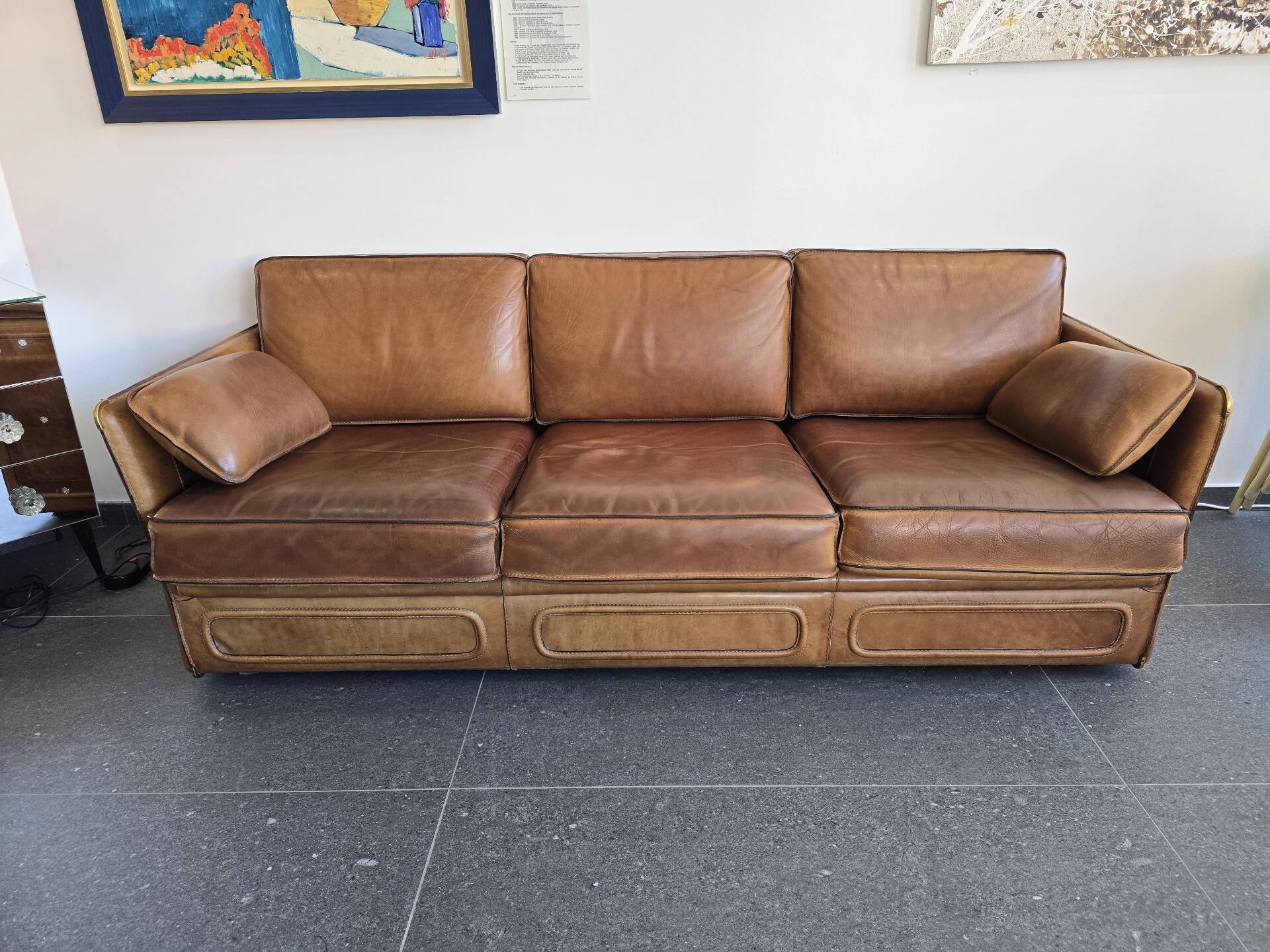 Roche Bobois vintage lounge from the 80s – cognac buffalo leather – 2 sofas + pouf
