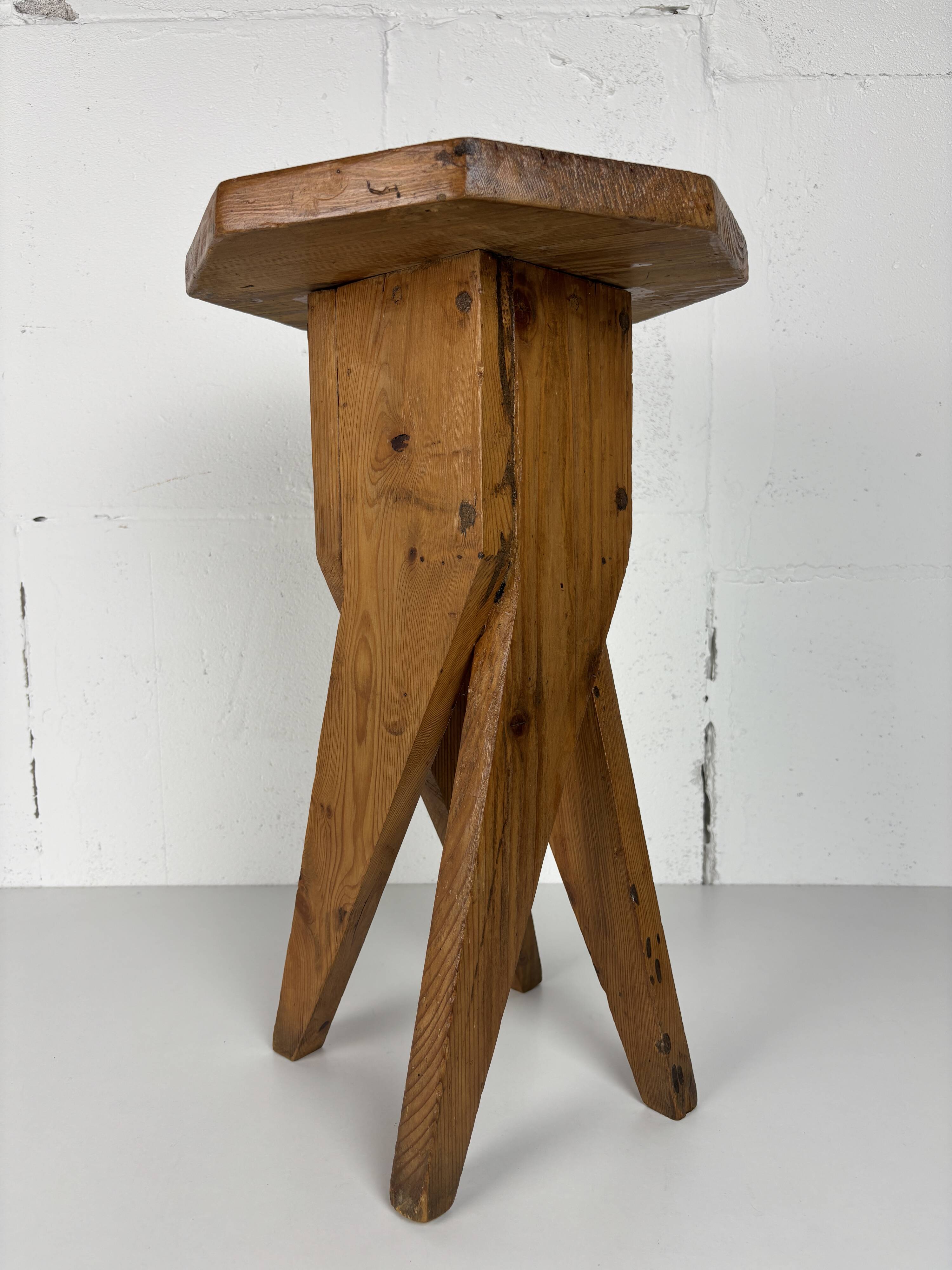 Midcentury brutalist artisanal rustic handcrafted stool, France 1960s