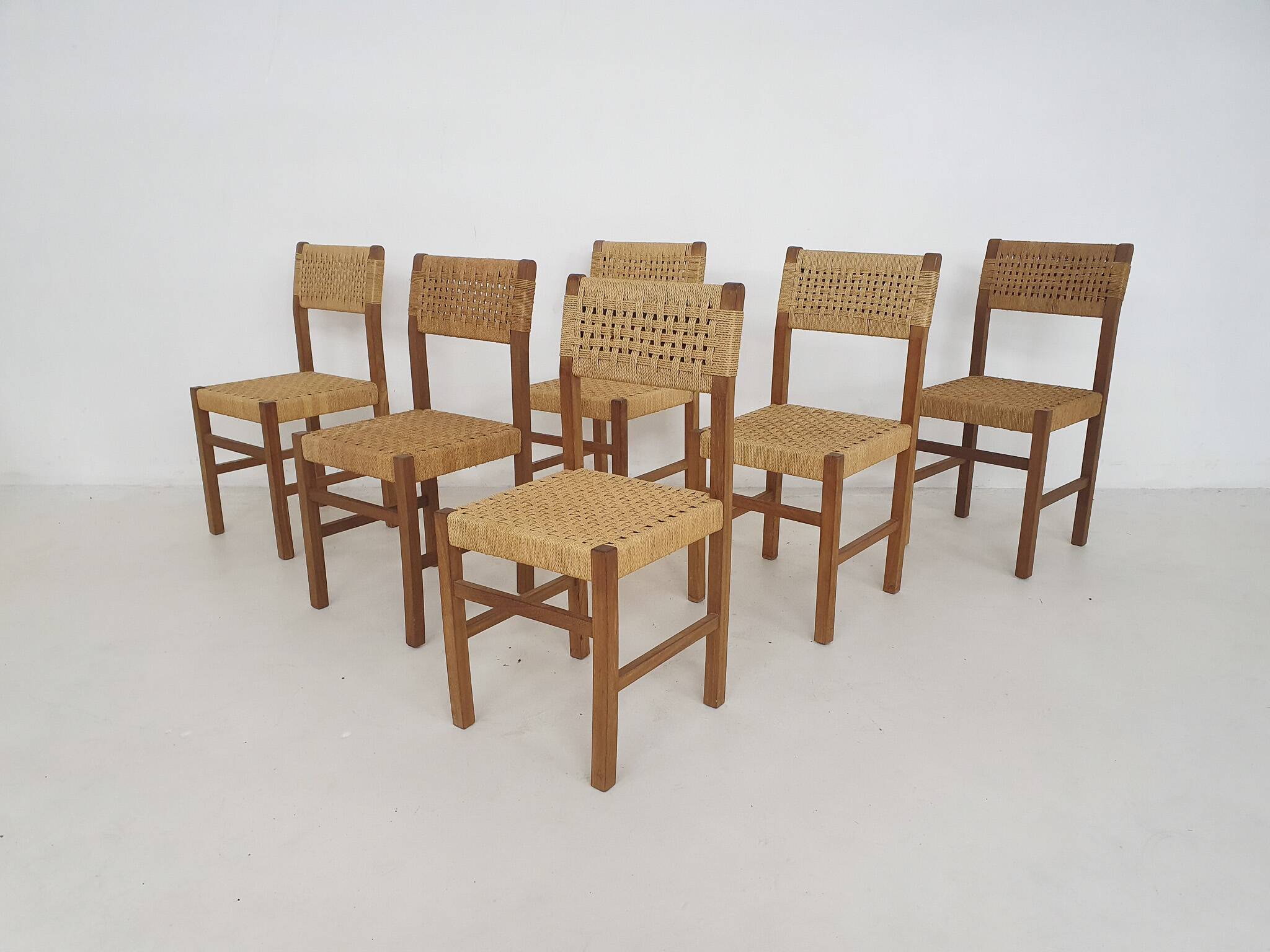 Set of six papercord dining chairs, France 1950's