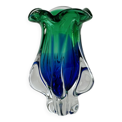 Vase en verre soufflé bleu et vert style Murano