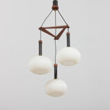 Ribbed glass and teak pendant lamp, 60s.