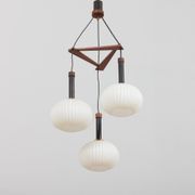 Ribbed glass and teak pendant lamp, 60s.