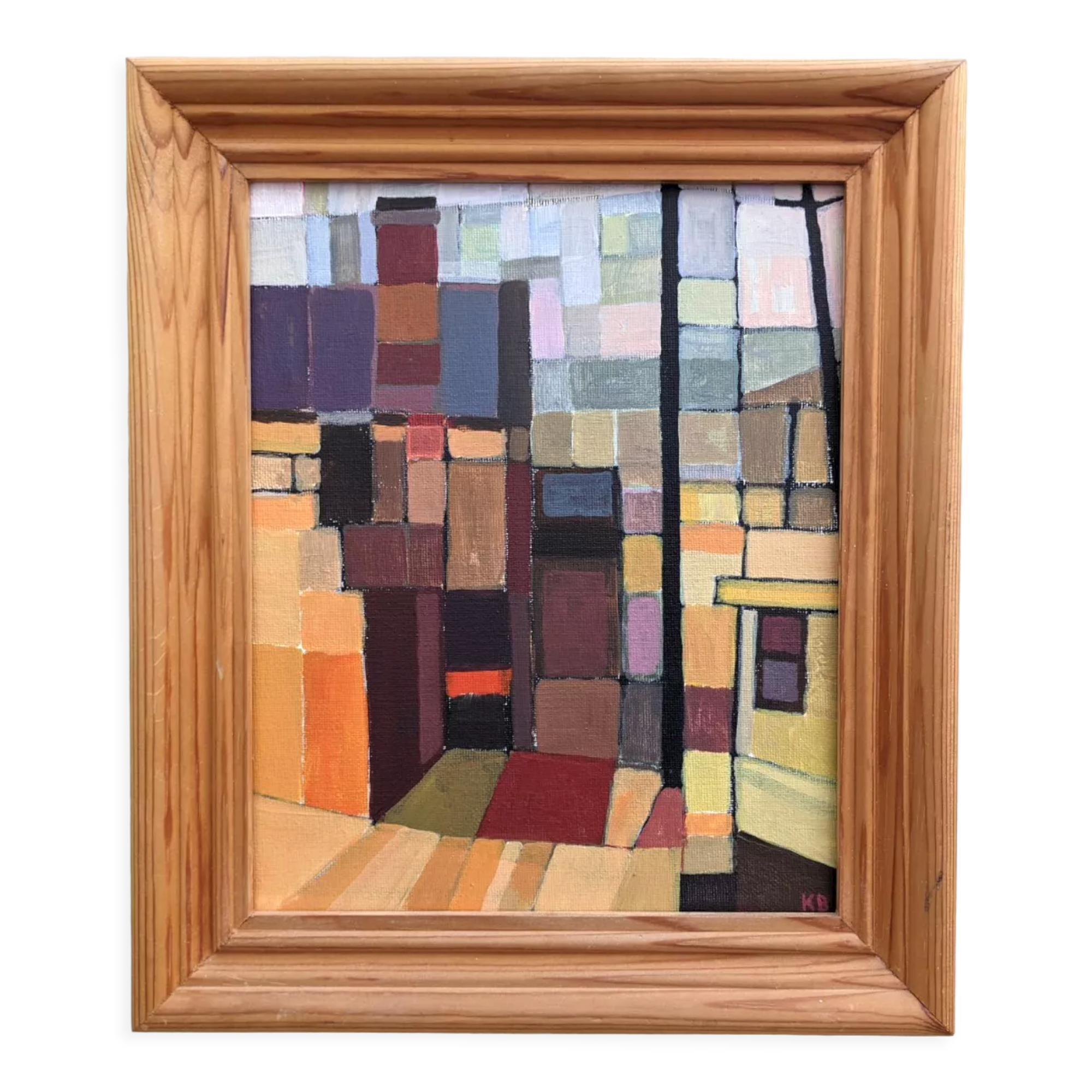 Mid-Century Modern "Cubist View" Vintage Cubist Oil Painting, Framed