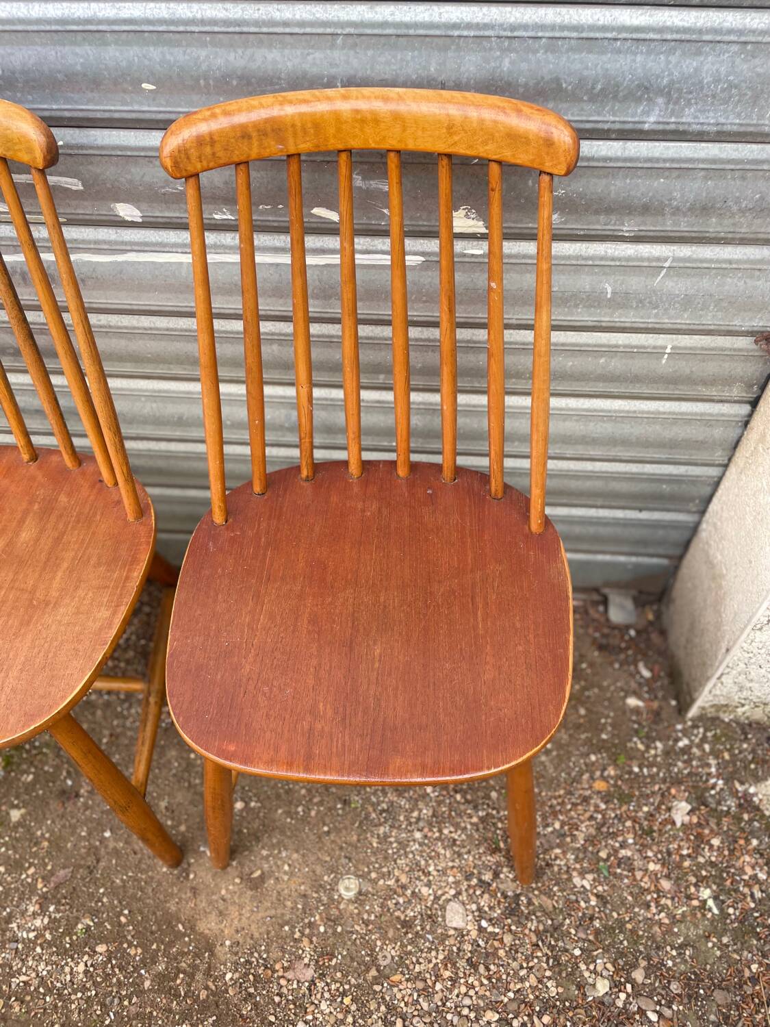 Set of 4 vintage beech chairs with teak seat