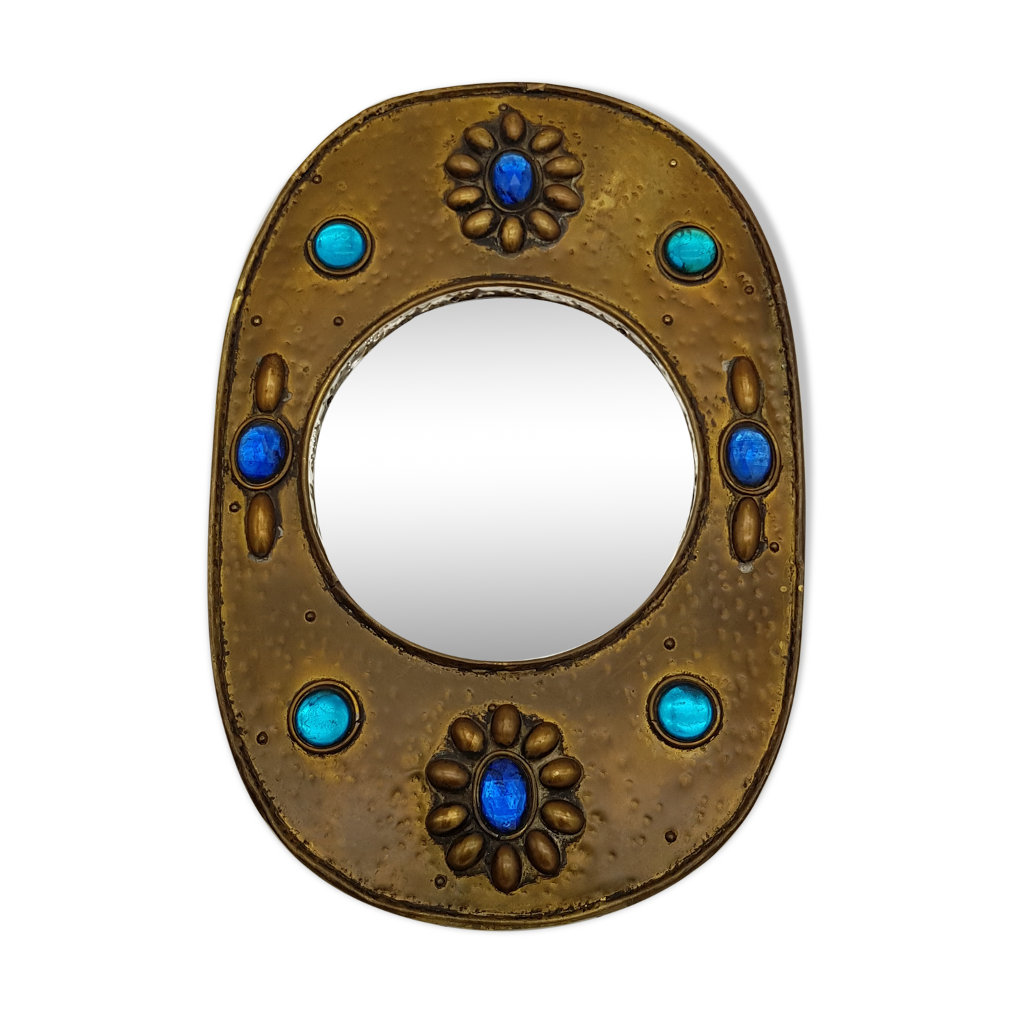 Brass oval mirror and blue cabochons