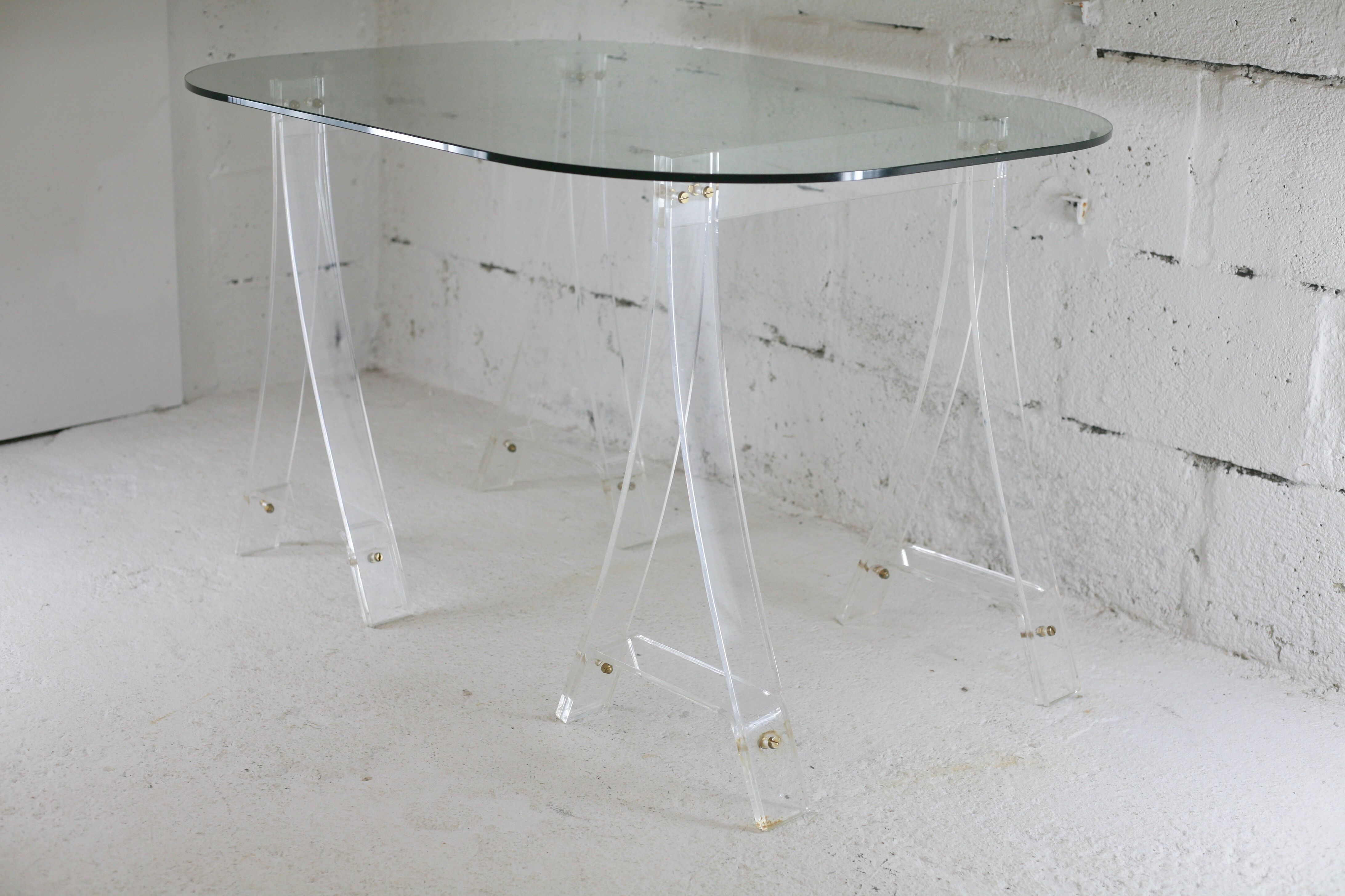 Office Plexiglas trestles, glass tray rounded edges, France, circa 1970