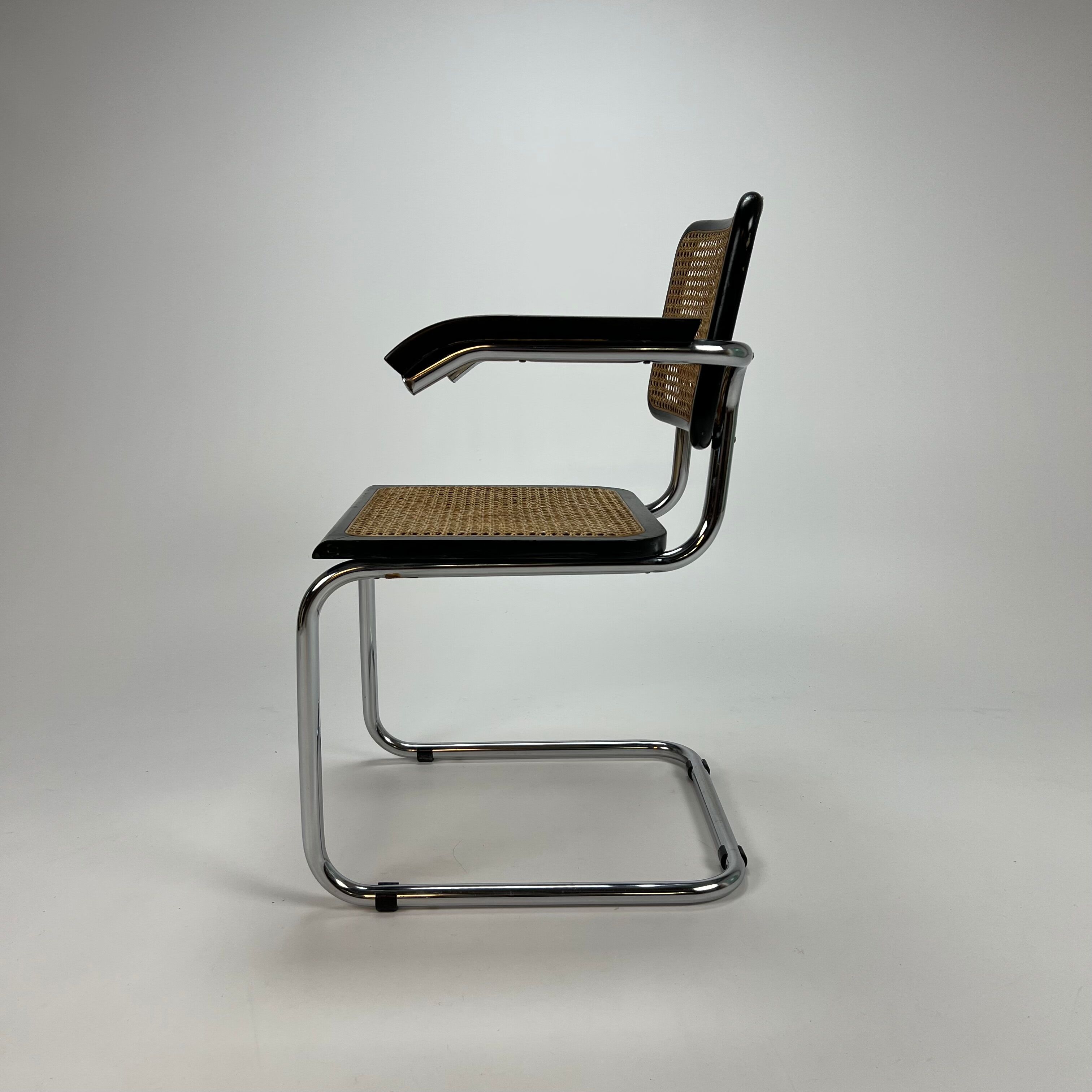 Tubular frame and cane cantilever arm chairs by Marcel Breuer, italy, 1970s