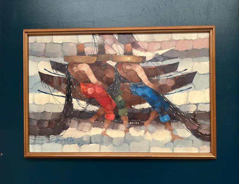 Swedish Oil on Panel"Fishermen" by Marylilla , Vintage and Framed