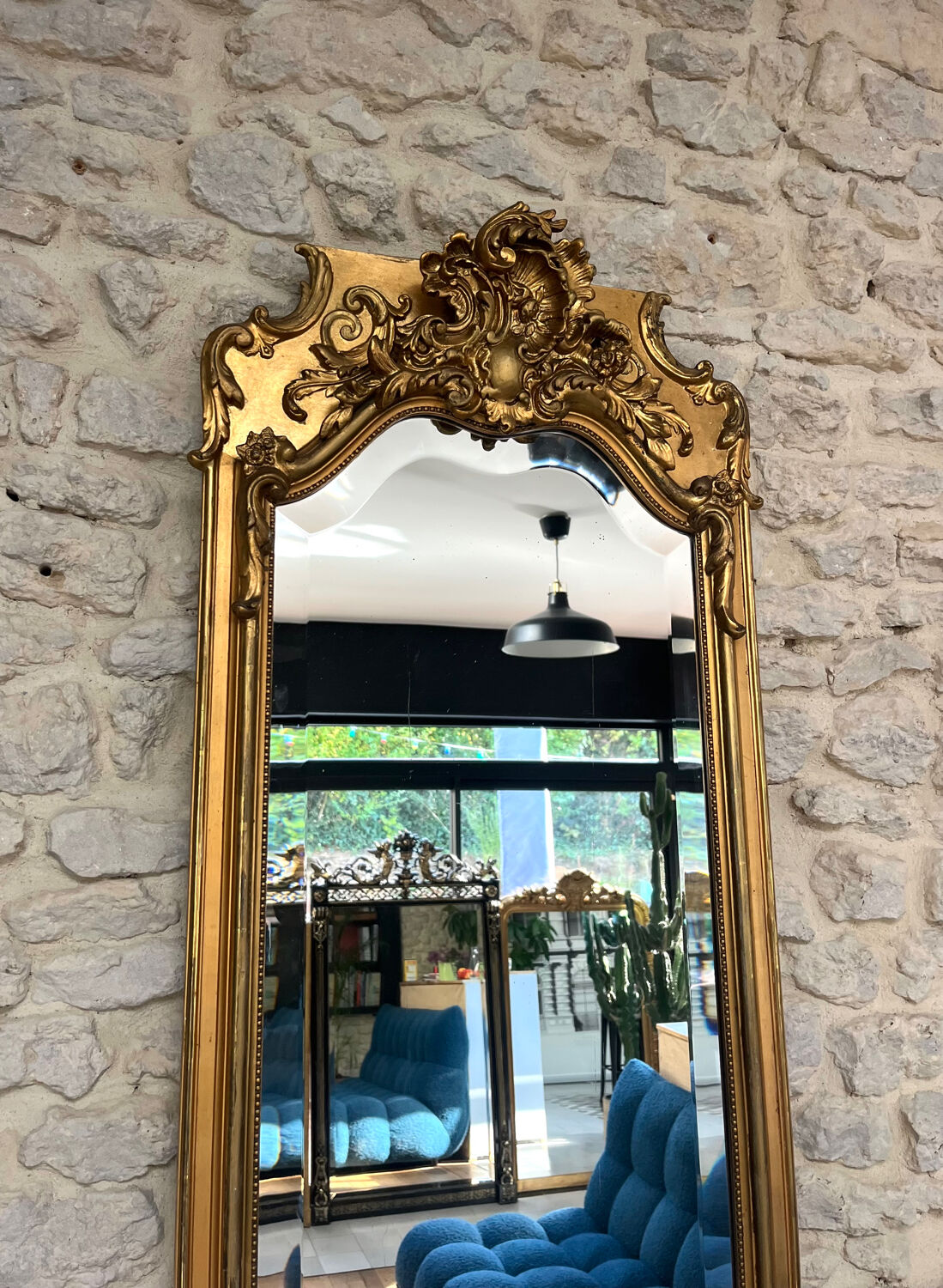 Antique mirror, 238.5/51cm, between two panes, with gilded pediments and gold leaf