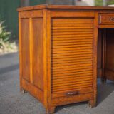 Wooden desk with curtains and sliding drawers, storage unit, vintage desk