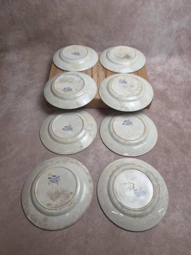 Set of 8 antique English dessert plates by J. Marshall & Co Bosphorus purple earthenware 19th century.