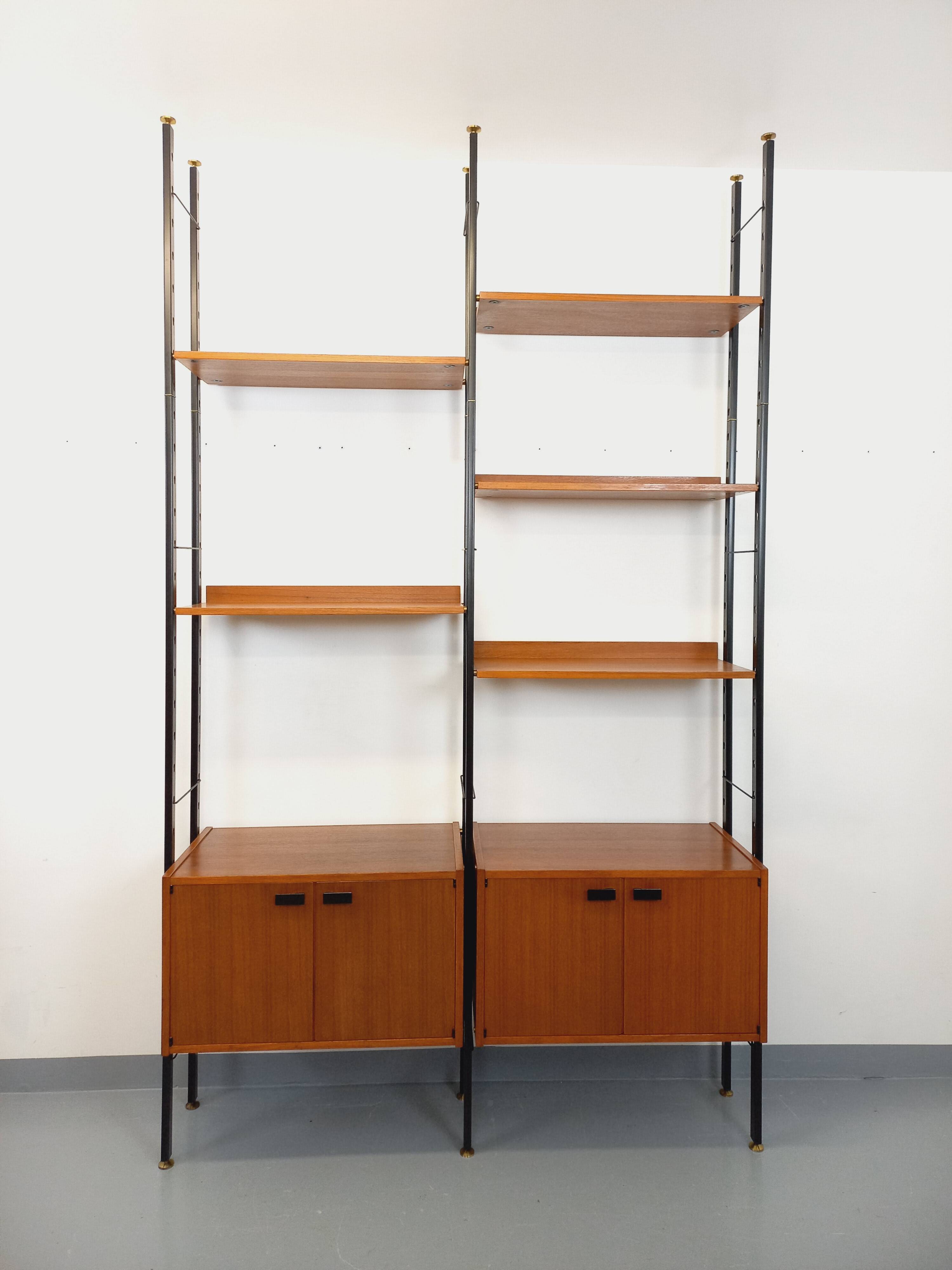 Vintage Italian double modular shelf bookcase in teak and metal