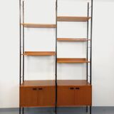 Vintage Italian double modular shelf bookcase in teak and metal