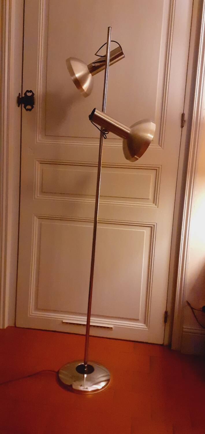 Floor lamp, reading light with two spots from the 70s in chromed metal and brushed aluminum