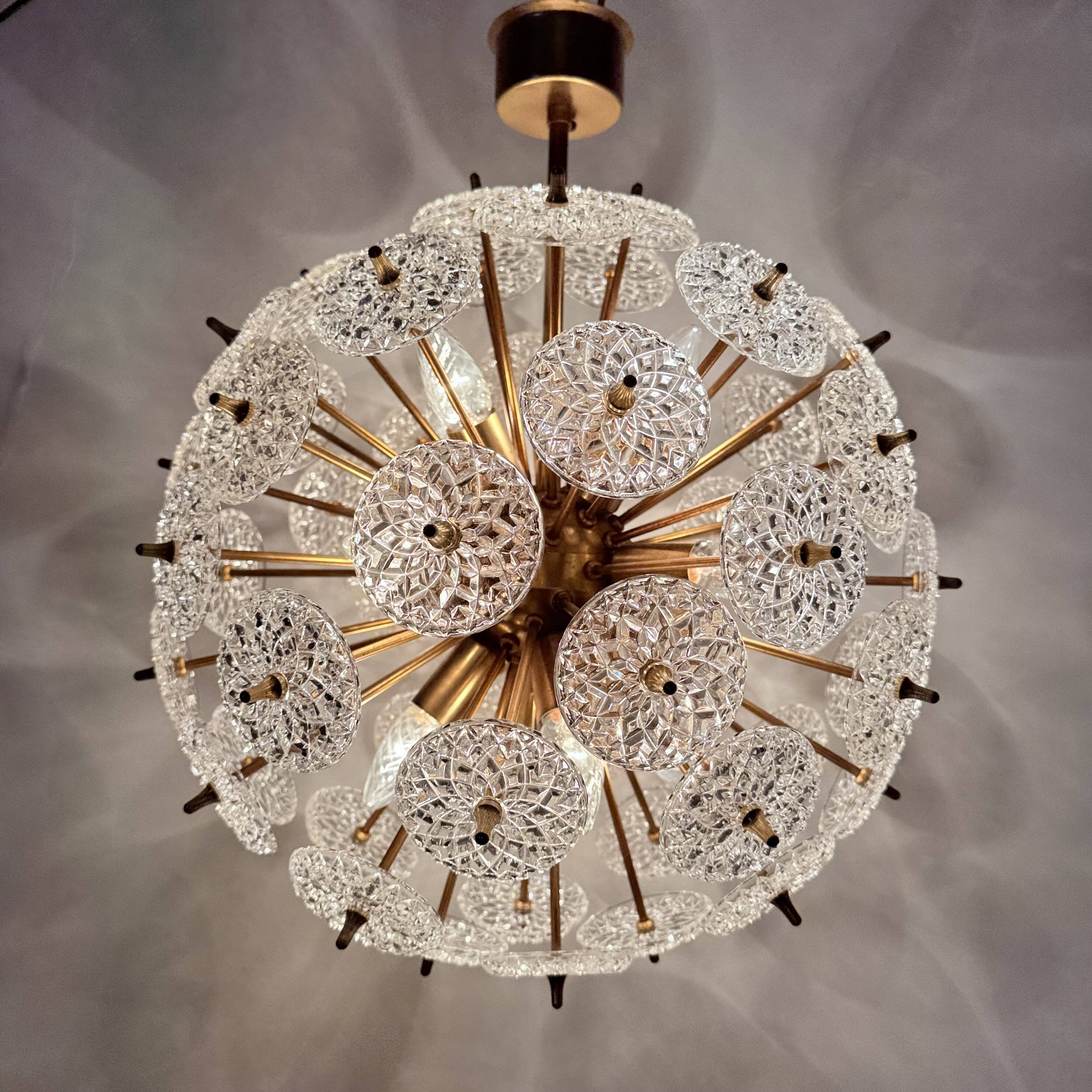 Val Saint Lambert crystal sputnik gold chandelier , 1960’s