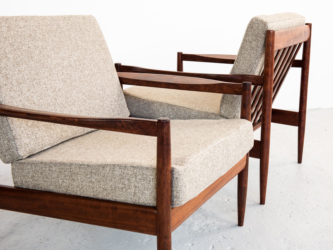 Sofa and armchairs set in walnut and fabric, 1960s