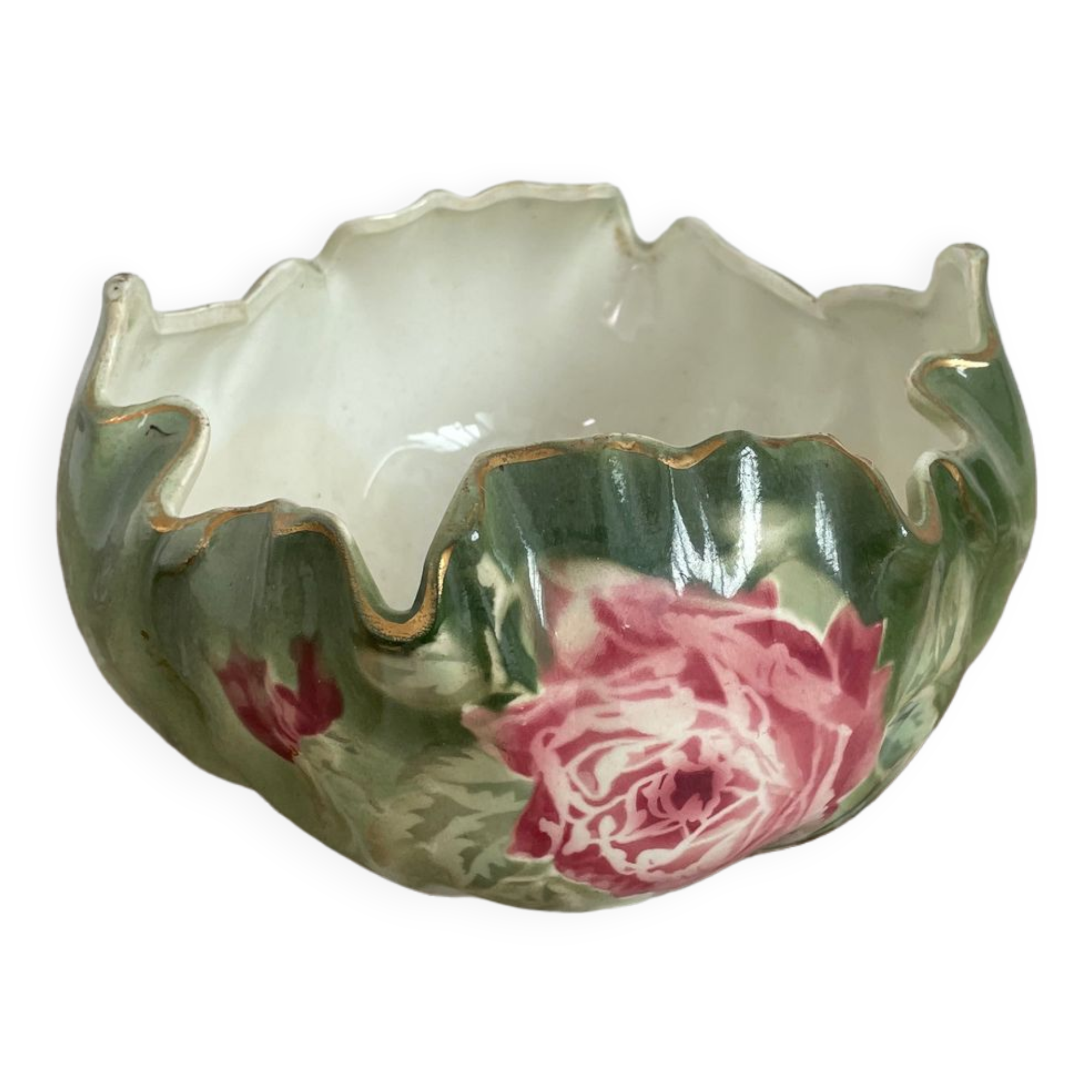 Cache-pot, grande coupe, Keller & Guérin, Lunéville, Les Roses, Art Nouveau, barbotine, céramique