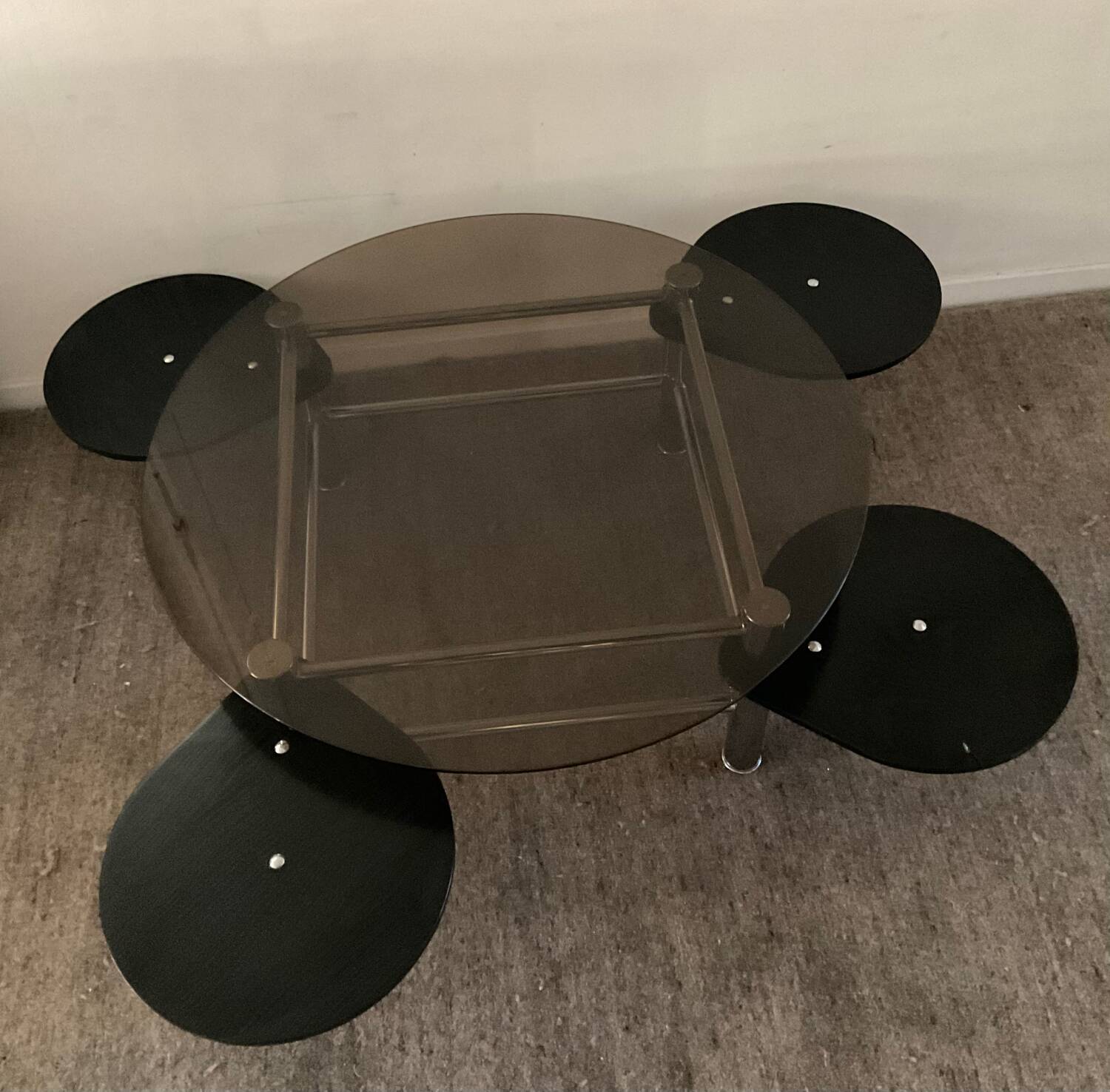 Vintage 1980s coffee table in smoked glass and chrome metal