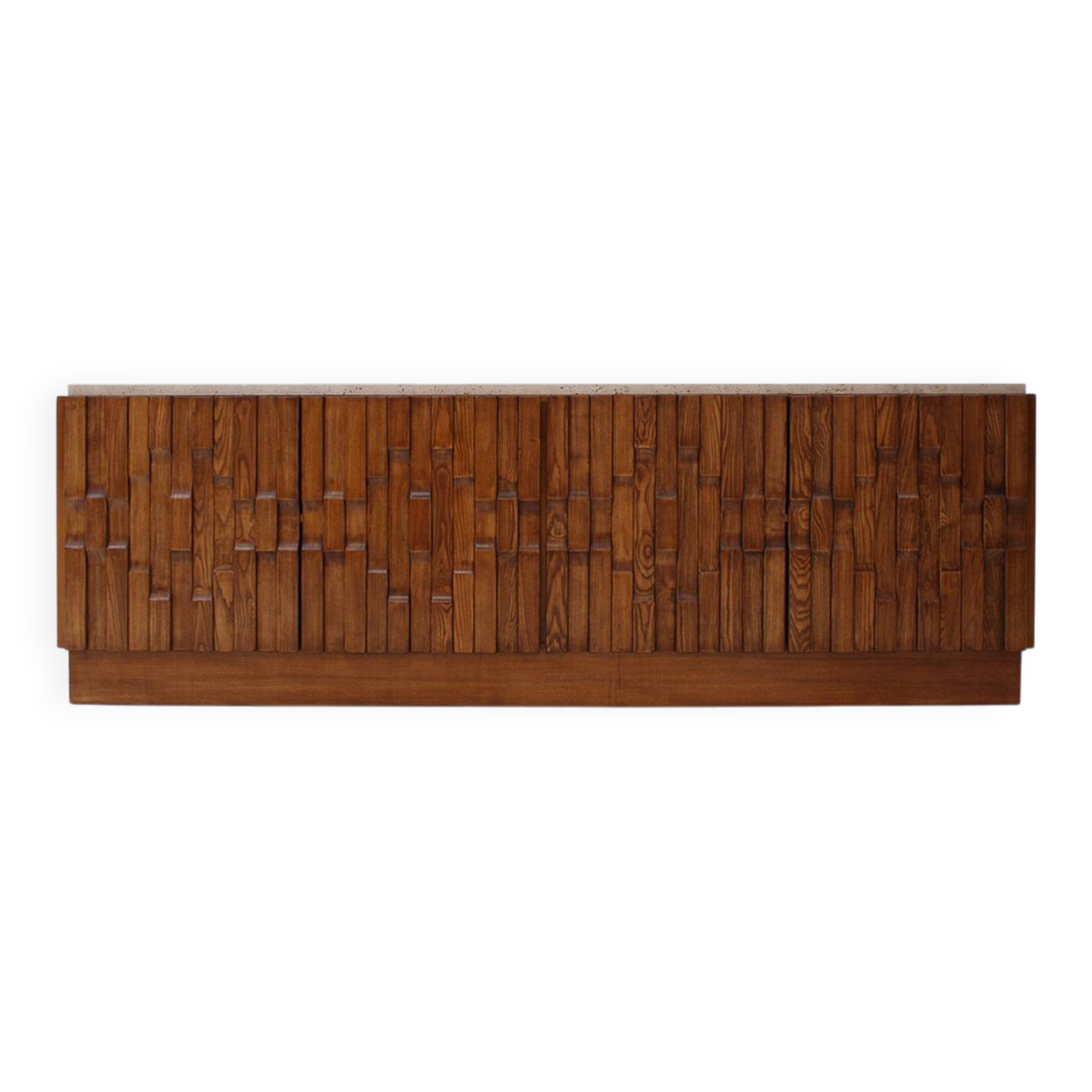 Italian Oak Wood Sideboard with Travertine Marble Top and Hand Carved Patte