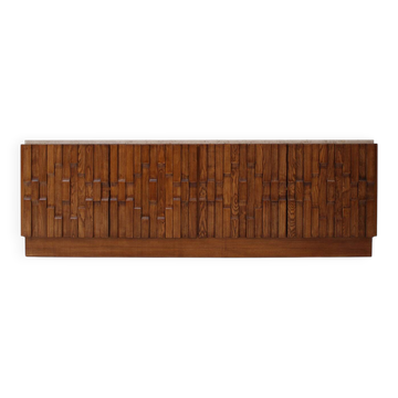 Italian Oak Wood Sideboard with Travertine Marble Top and Hand Carved Patte