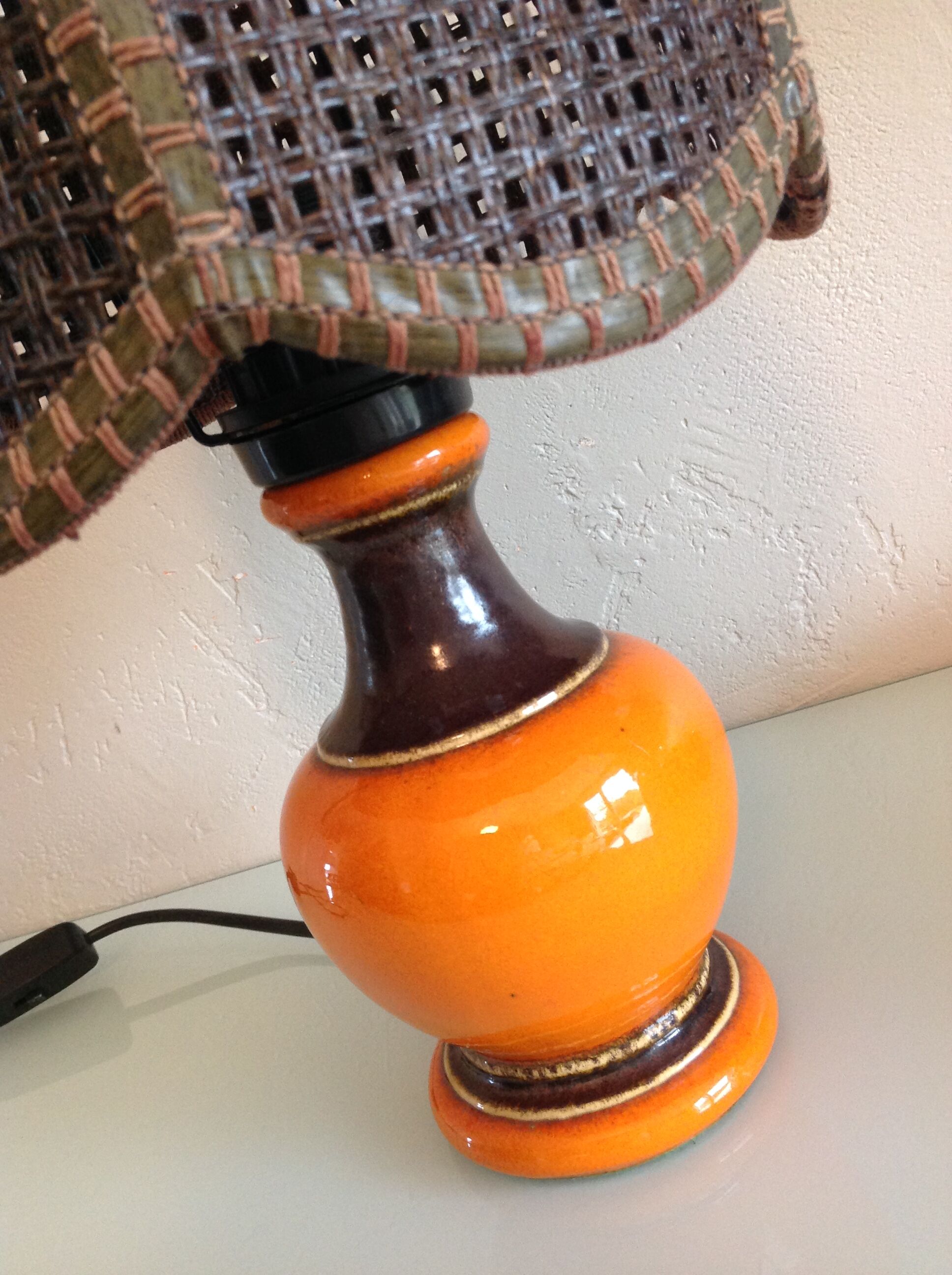 Orange ceramic lamp and brown canned lampshade by Pan Keramik / 60s-70s