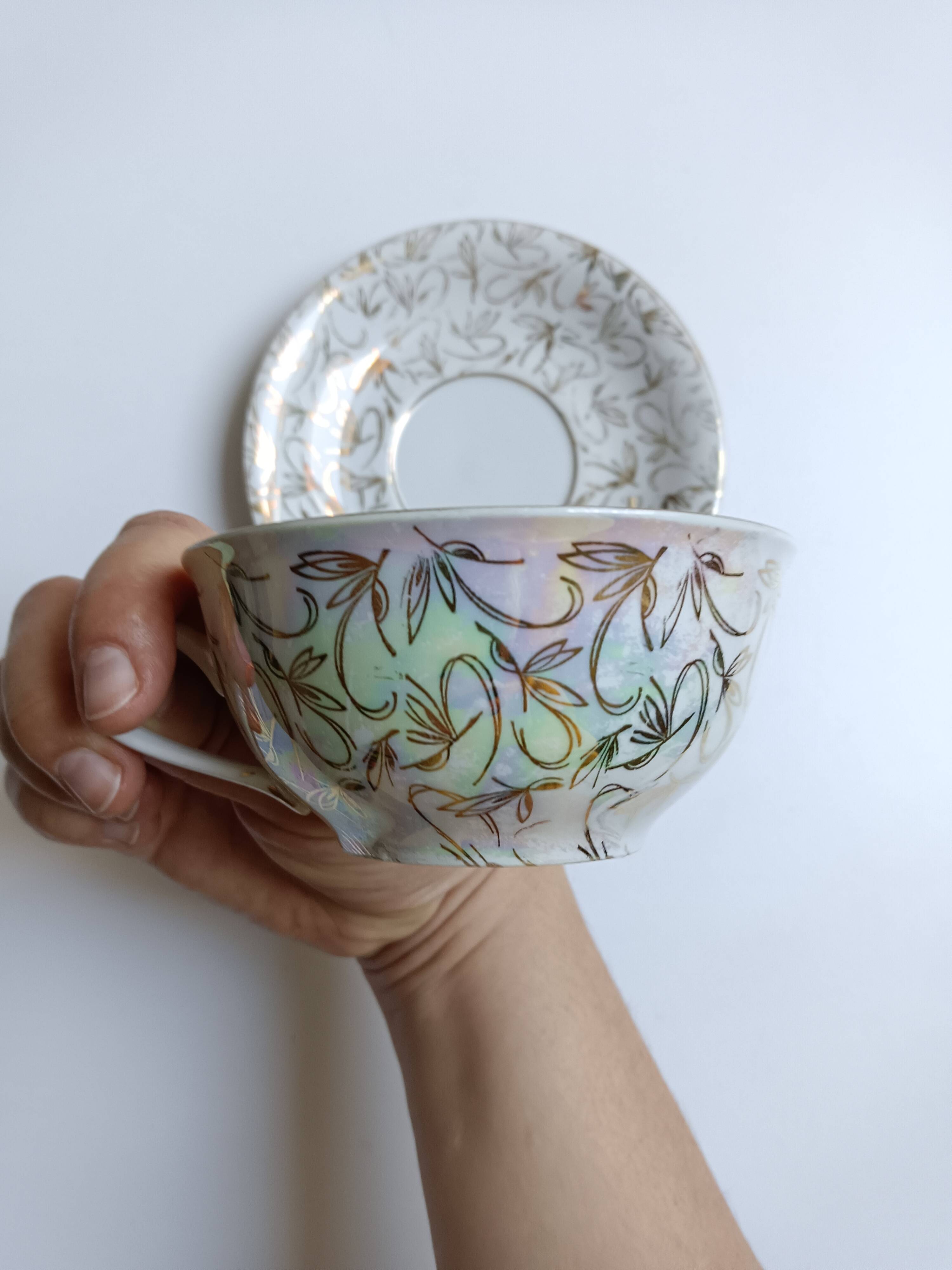 Large porcelain cup from Bavaria with a pearlescent finish and rose decorations.