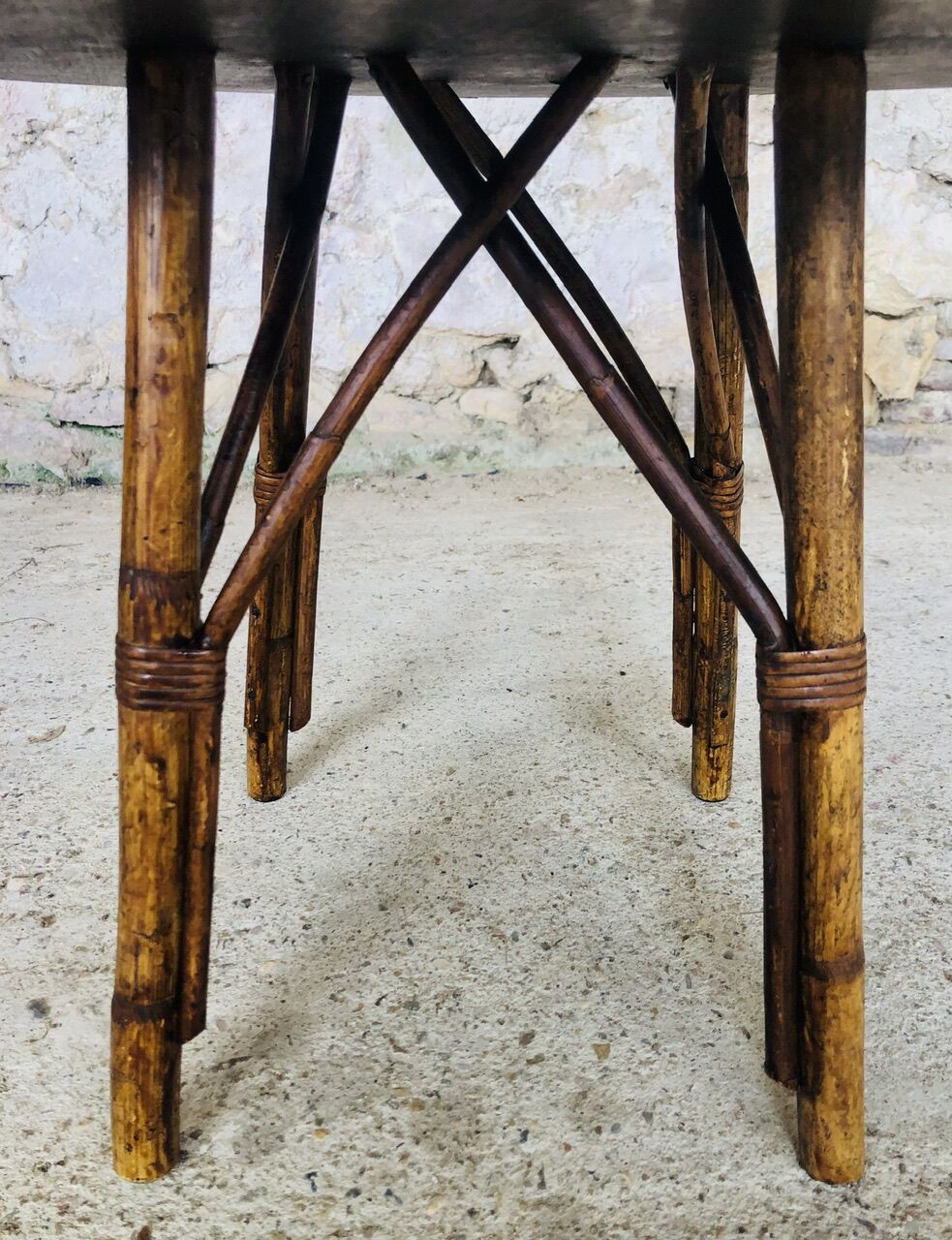 Round rattan bamboo side table, 60s