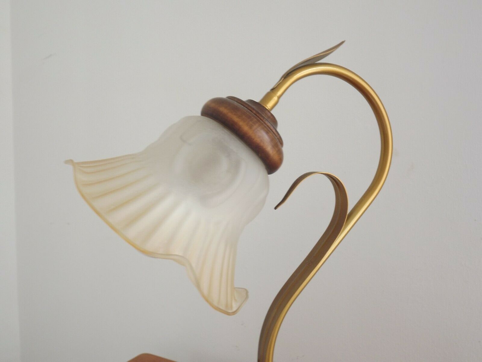 French vintage gold coloured metal & wood table lamp decorative glass shade