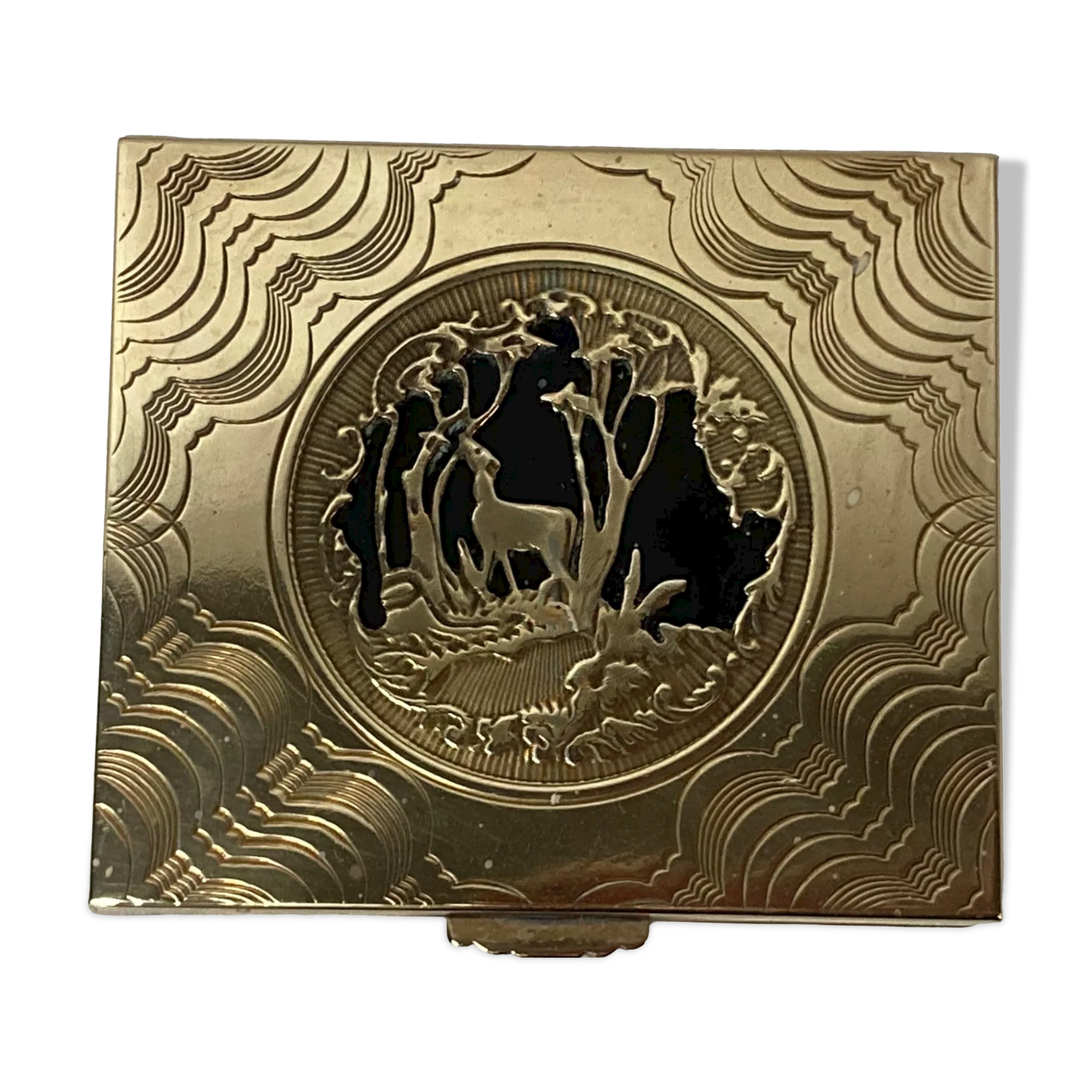 Poudrier Vintage Métal Doré Ciselé Avec Miroir Biseauté - Occasion Excellent état
