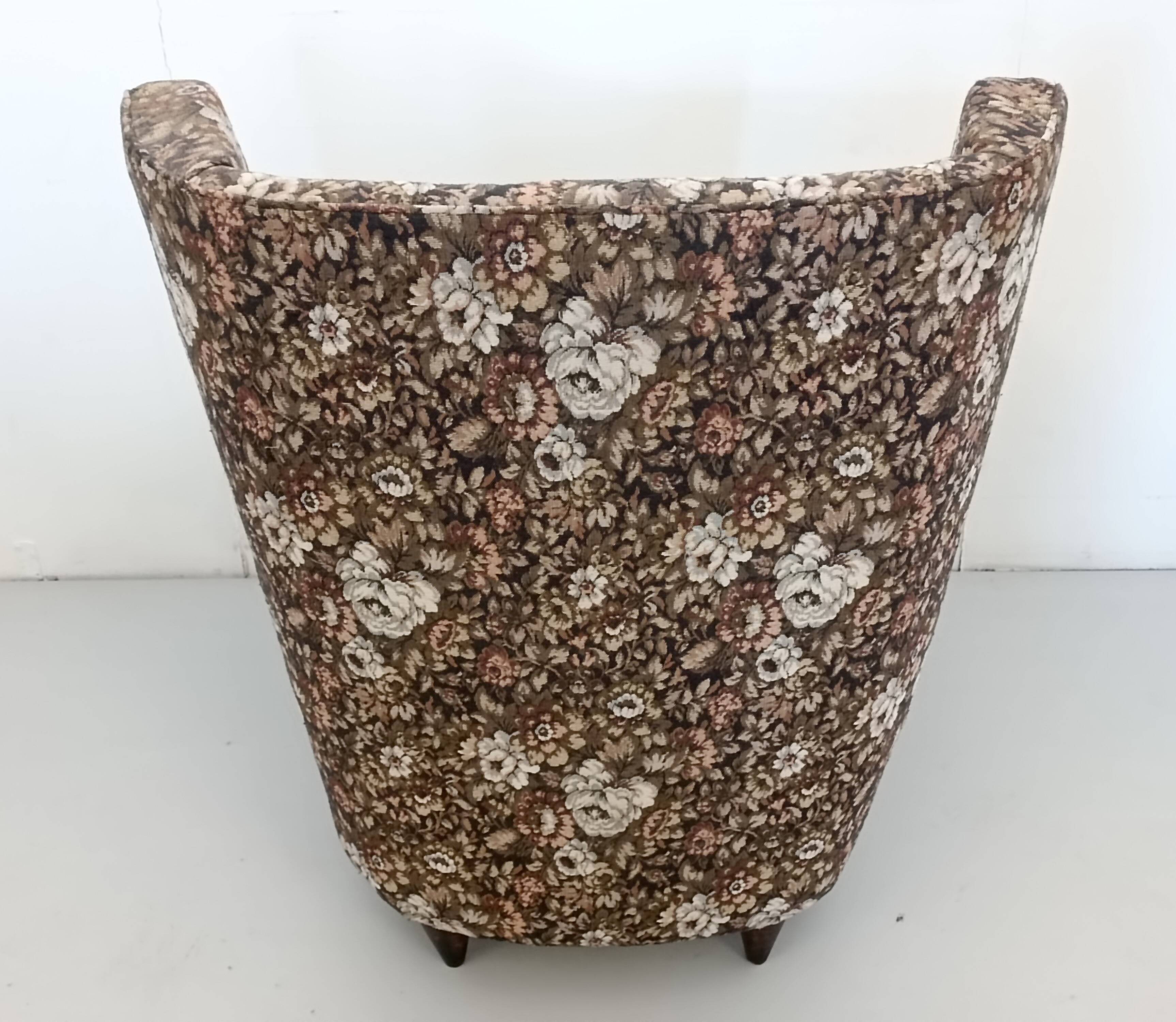 High-Quality Brown Floral Fabric Armchair attr. to Paolo Buffa, Italy