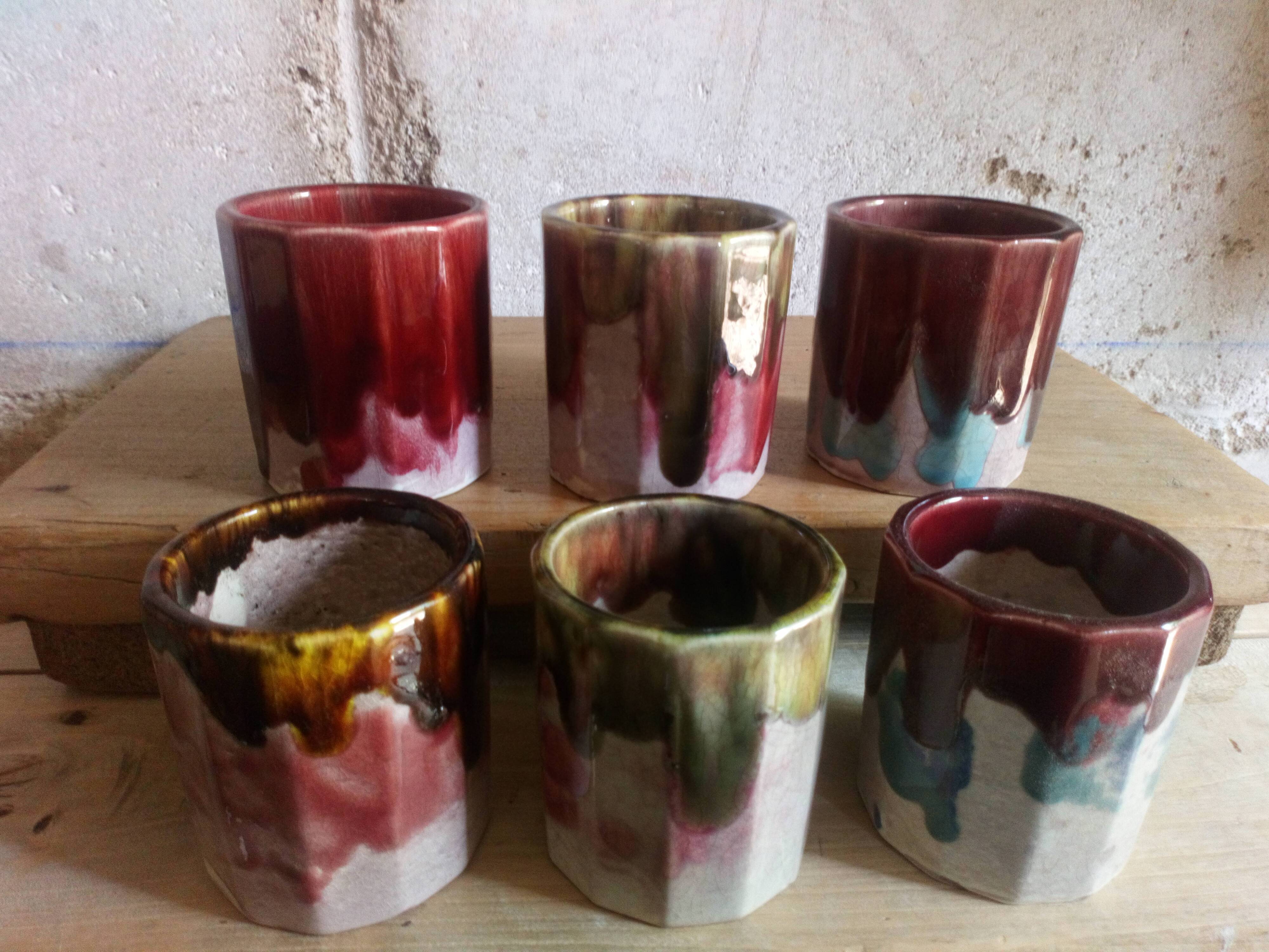 Six old yoghurt pots in enamelled porcelain