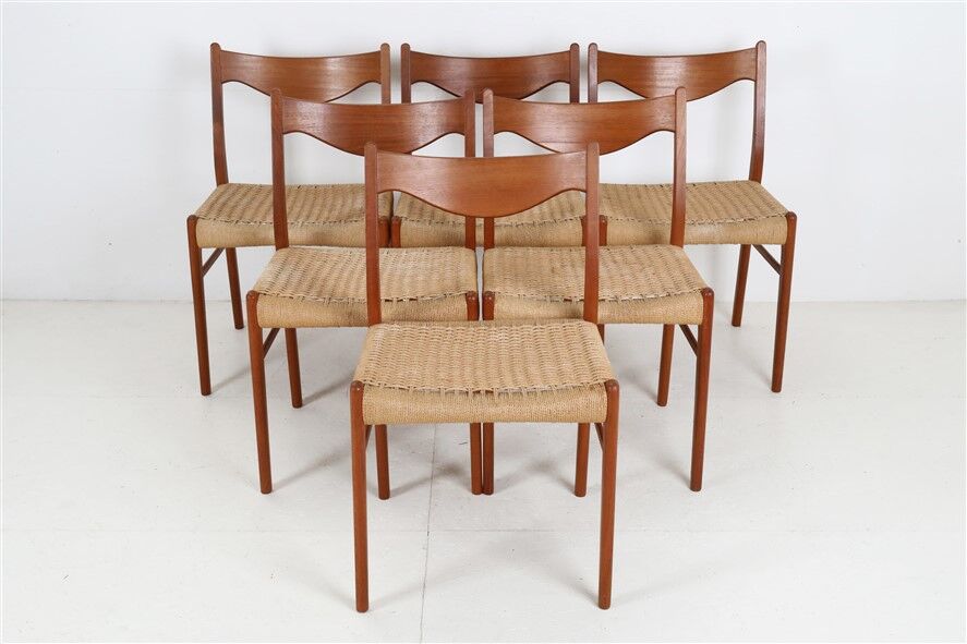 Ensemble de 6 chaises Glyngøre / Arne Wahl Iversen “GS 60” / teck / corde à papier / années 1960 / années 1970