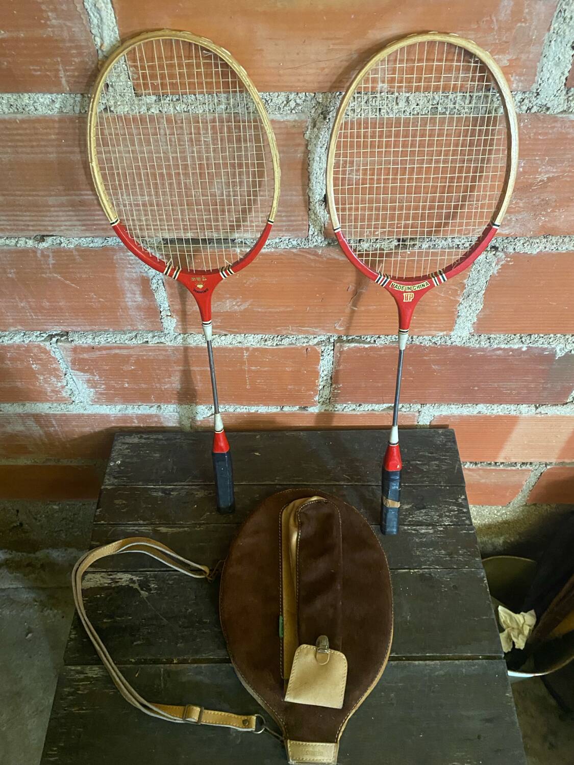 Diamond Badminton Racket Pair Wood + Metal + Leather Case TANNS Vintage