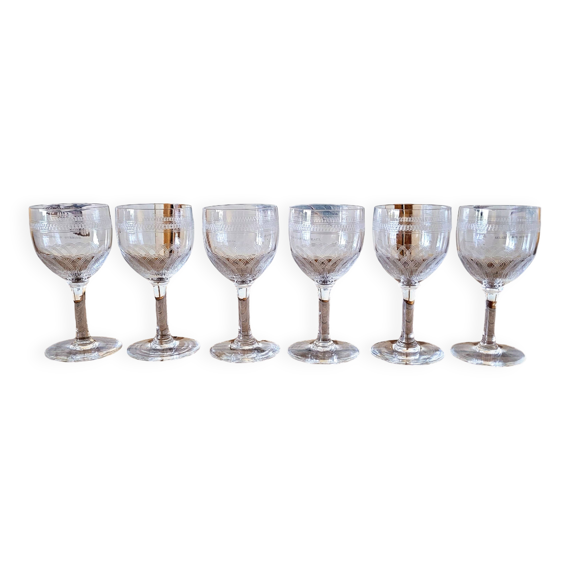 Verres à vin blanc ou liqueur en cristal ancien guilloché, fin 19ème début 20ème  (lot de 6)