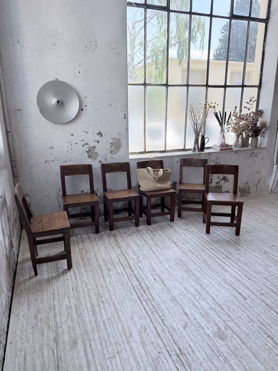 Set of 4 Savoyard pine folk art chairs from the 1950s.