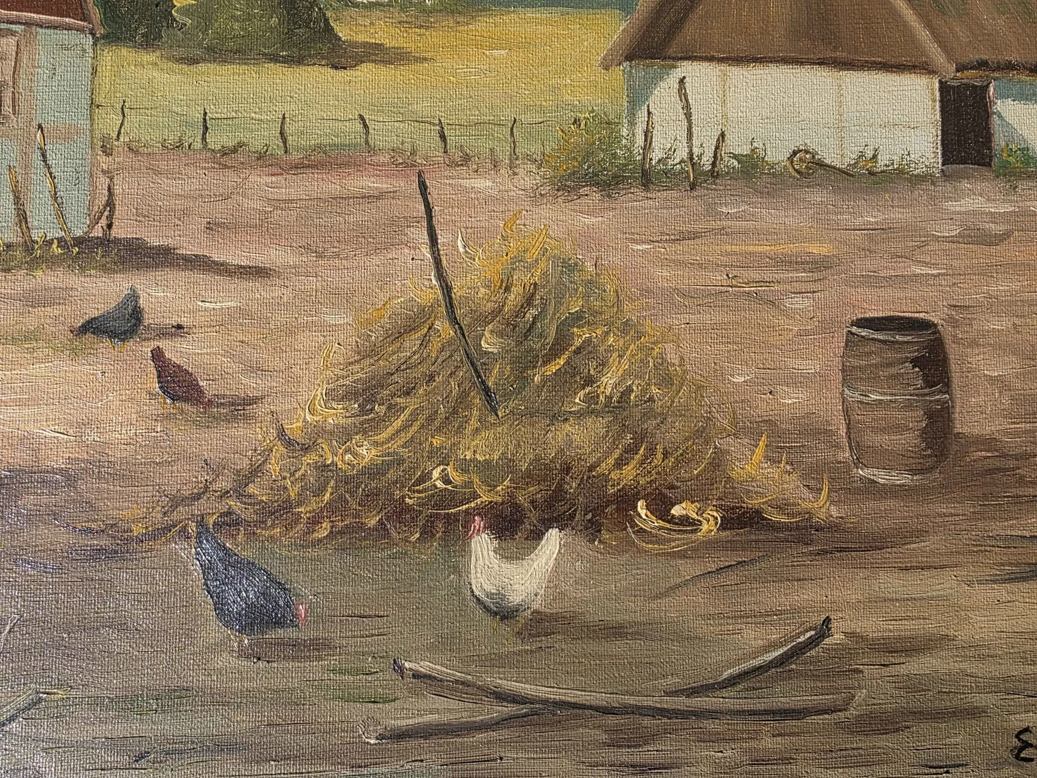 Vintage Oil Painting - Sunlit Farmyard with Chickens