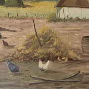 Vintage Oil Painting - Sunlit Farmyard with Chickens