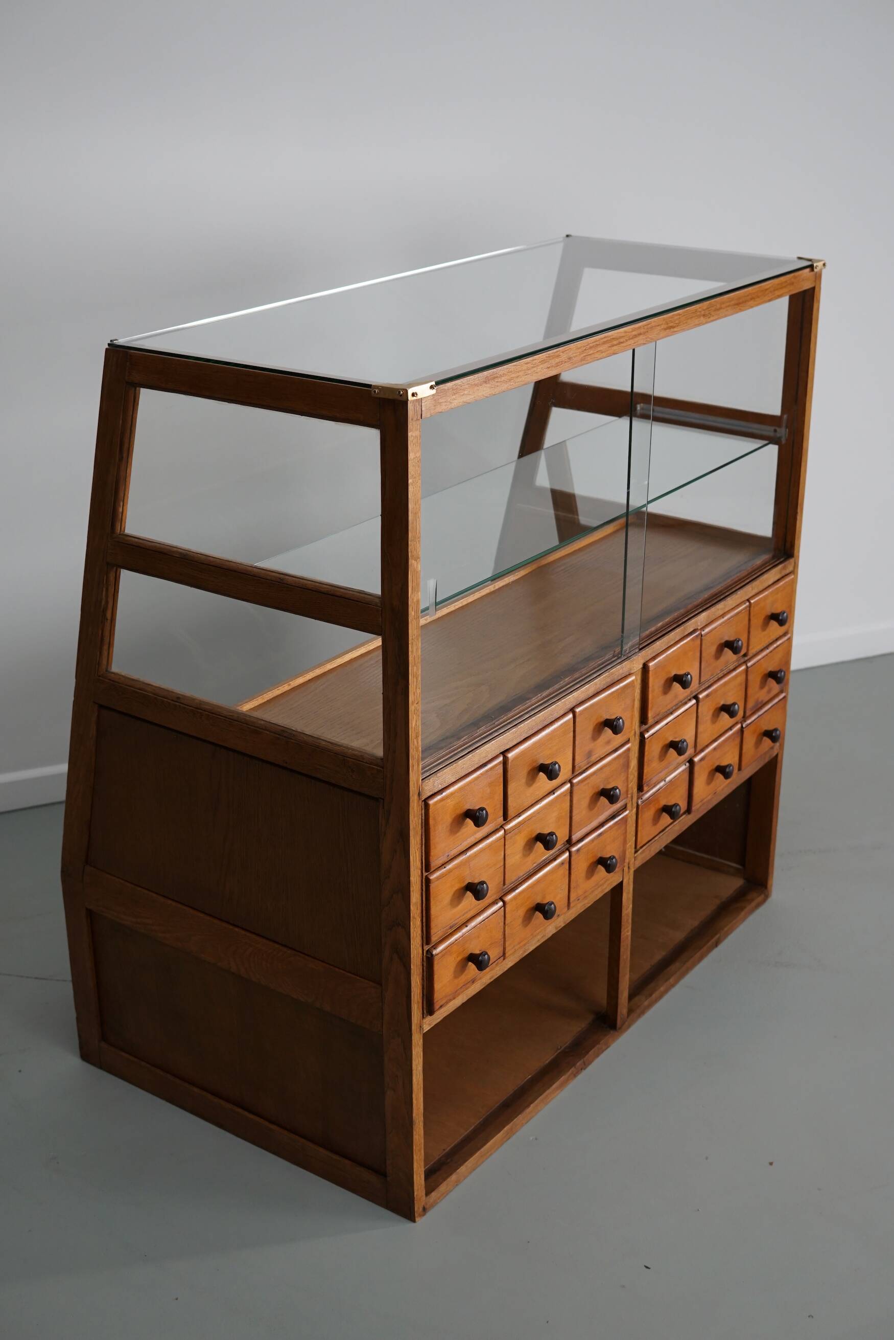 Antique Spanish beech & oak haberdashery cabinet or shop counter, 1950s